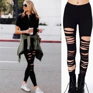 Nasty Gal High Rise Shredded Leggings in Black New with Tags Size Small